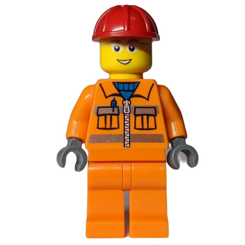 LEGO Construction Worker, Orange Jacket with Zipper and Reflective Stripes, Red Hard Hat, Glasses (fig-009598)