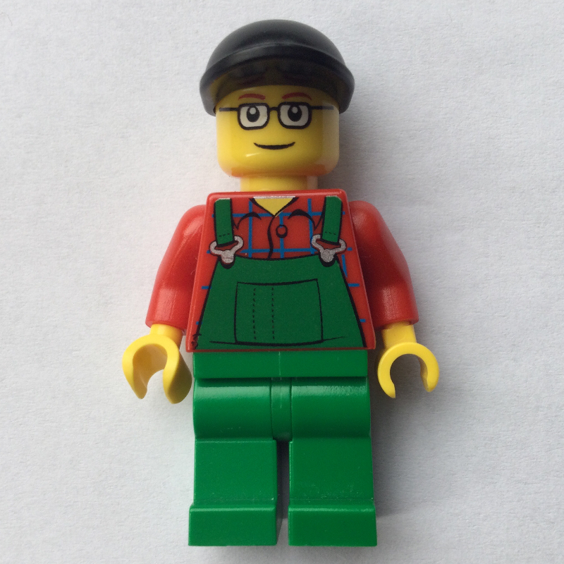 LEGO Man, Green Overalls over Red Shirt, Black Cap, Glasses (fig-009599)