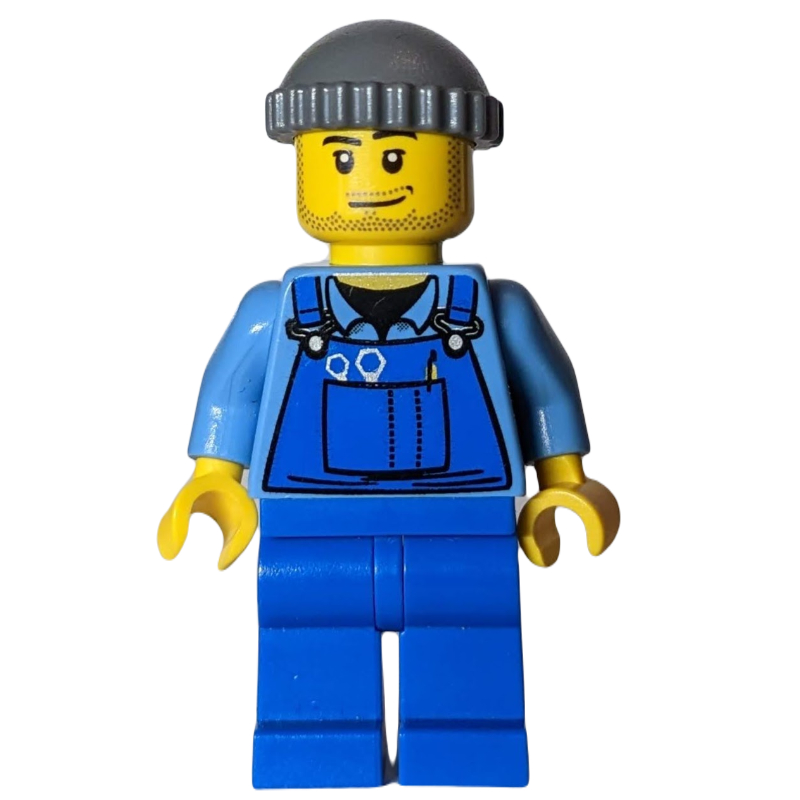 LEGO Man, Blue Overalls over Shirt, Blue Legs, Dark Bluish Gray Hat, Stubble (fig-009600)