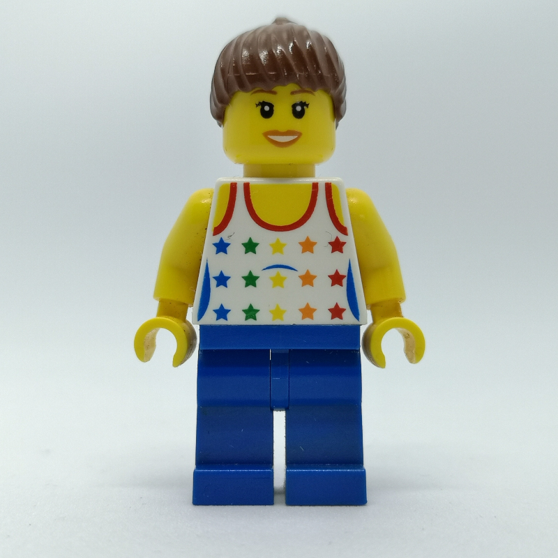 LEGO Woman, White Vest with Stars, Blue Legs, Reddish Brown Hair (fig-009603)