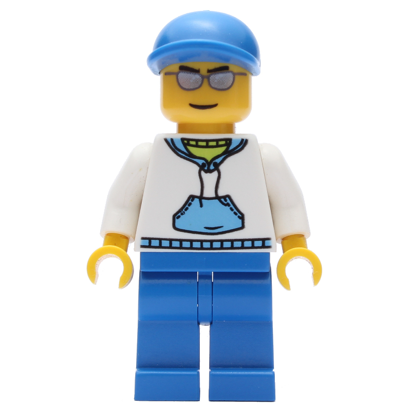 LEGO Man, White and Blue Hoodie, Blue Legs, Blue Cap, Silver Sunglasses (fig-009604)