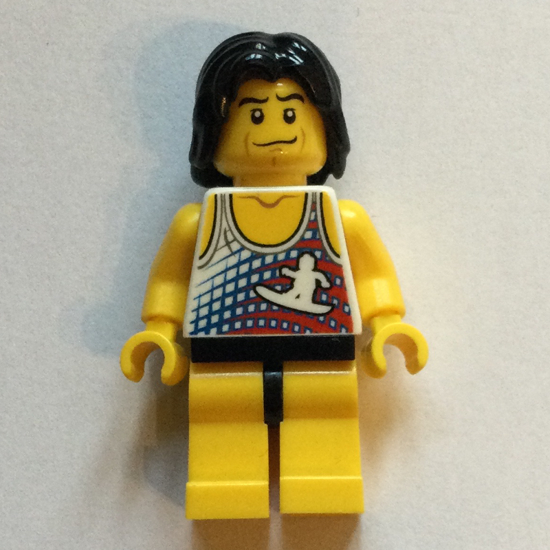 LEGO Surfer, White Tank Top with Surfer, Yellow Legs, Black Hair (fig-009605)