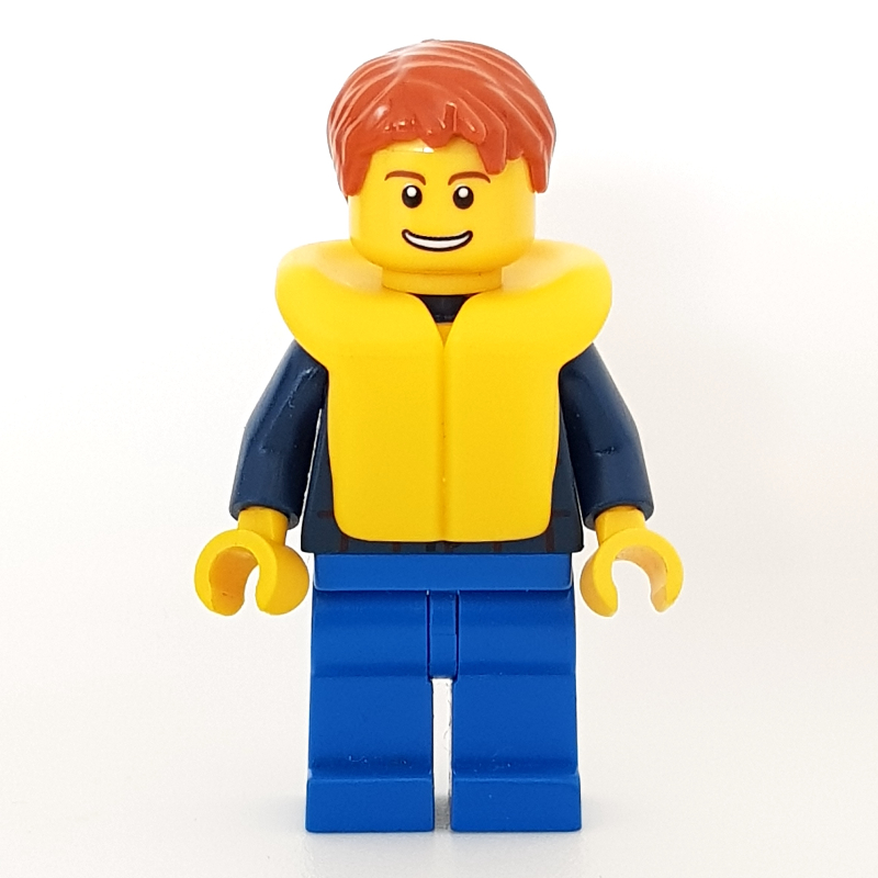 LEGO Man, Dark Blue Plaid Shirt, Blue Legs, Dark Orange Hair, Yellow Life Vest (fig-009608)