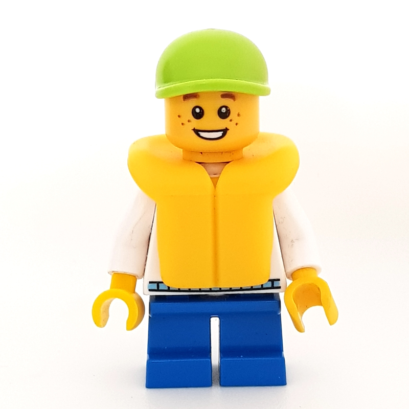 LEGO Boy, White and Blue Hoodie, Short Blue Legs, Lime Cap (3626b Head) (fig-009609)