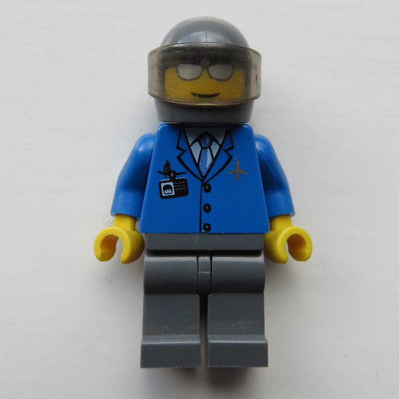 LEGO Pilot, Blue Jacket with Plane Logo and Blue Tie, Dark Bluish Gray Helmet with Visor, Silver Sunglasses (fig-009610)
