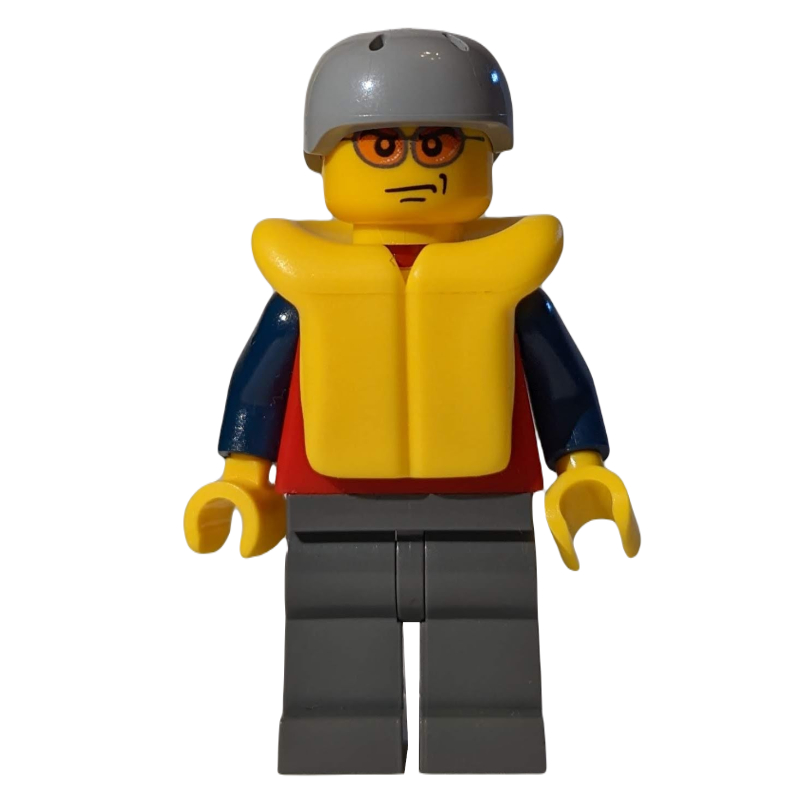 LEGO Man, Red Top with Dark Blue Arms, Dark Bluish Gray Legs, Light Bluish Gray Helmet, Yellow Life Vest, Orange Sunglasses (fig-009611)