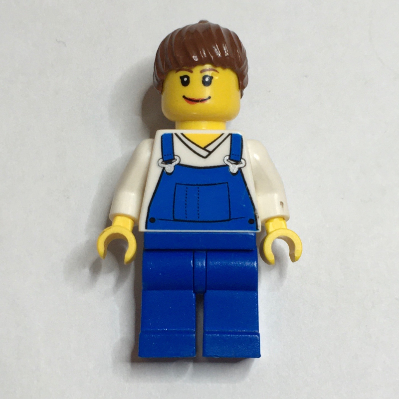 LEGO Woman, Blue Overalls over White V-Neck Shirt, Reddish Brown Hair (fig-009612)