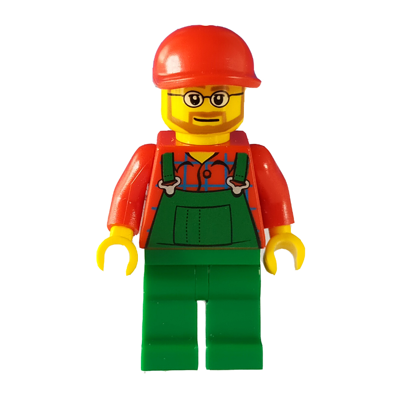LEGO Man, Green Overalls over Red Shirt, Red Cap, Beard and Glasses (fig-009613)