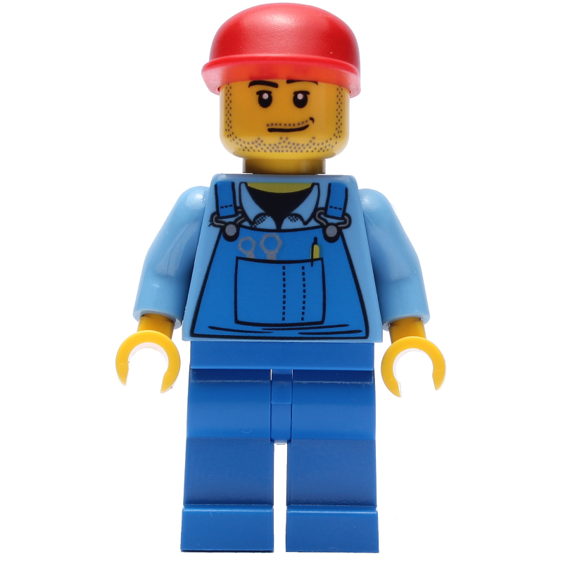 LEGO Man, Blue Overalls over Shirt, Blue Legs, Red Cap, Stubble (fig-009614)