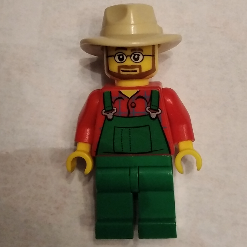 LEGO Man, Green Overalls over Red Shirt, Tan Wide Brim Hat, Beard and Glasses (fig-009615)