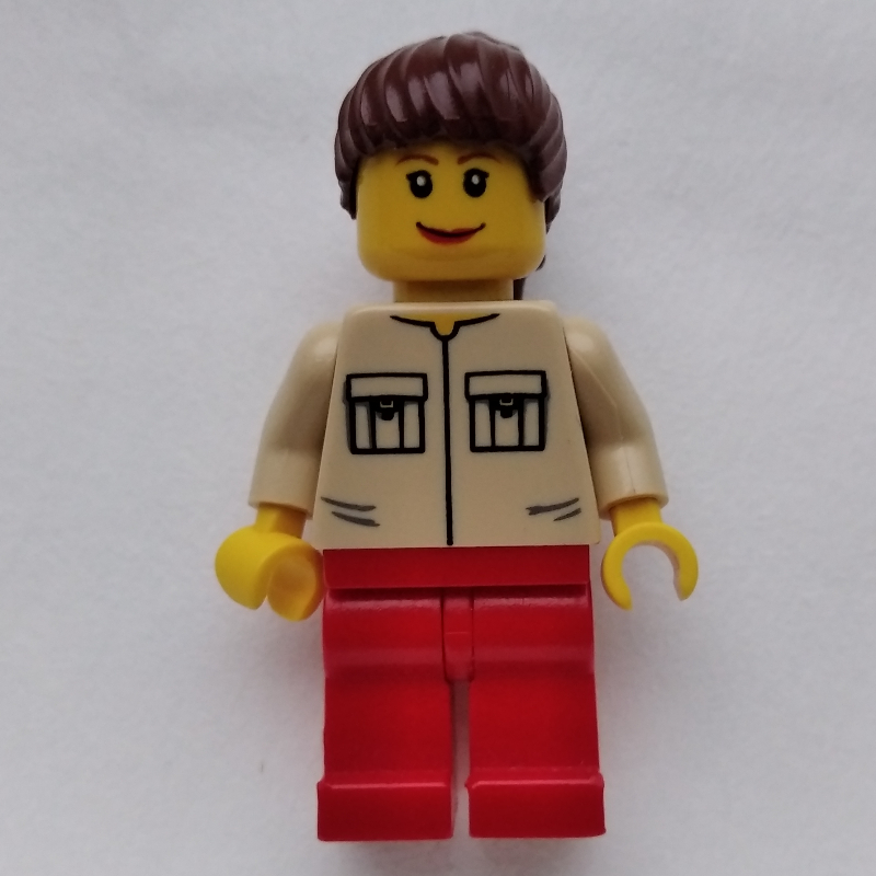 LEGO Woman, Tan Shirt with Two Pockets, Red Legs, Reddish Brown Hair (fig-009616)