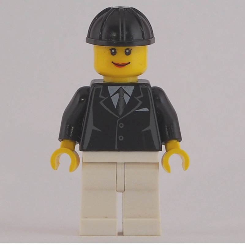 LEGO Woman, Black Jacket with Tie, White Legs, Black Hard Hat (fig-009617)