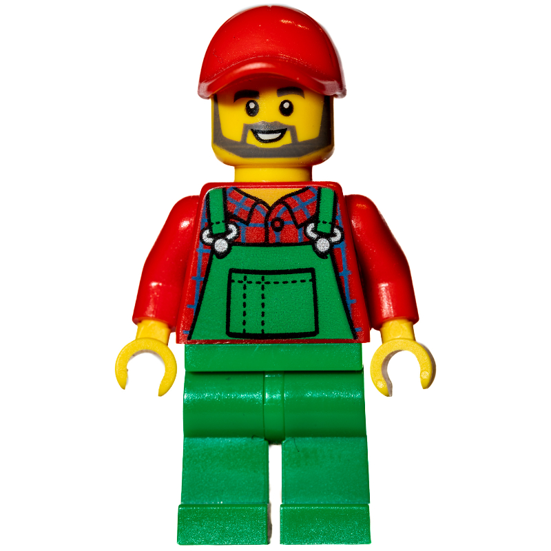 LEGO Man, Green Overalls over Red Shirt, Red Cap, Beard (fig-009619)