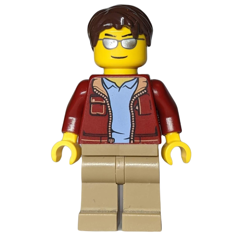 LEGO Man, Open Dark Red Jacket, Dark Tan Legs, Dark Brown Hair, Silver Sunglasses (fig-009620)