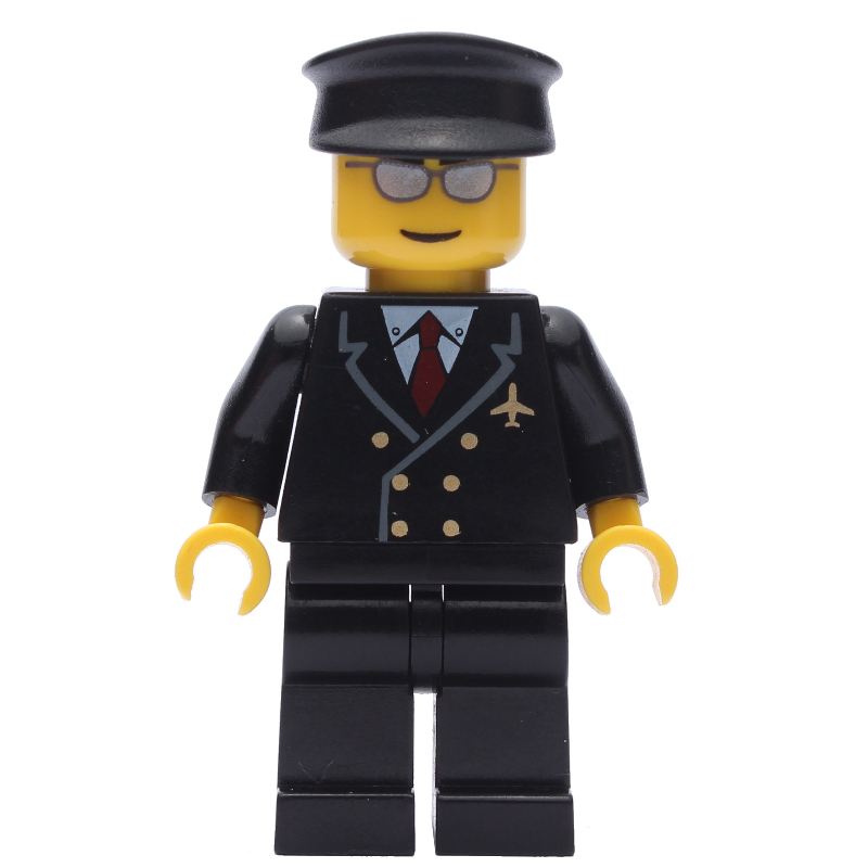 LEGO Pilot, Black Suit with Tie and Airplane Badge, Black Hat, Silver Sunglasses (fig-009621)