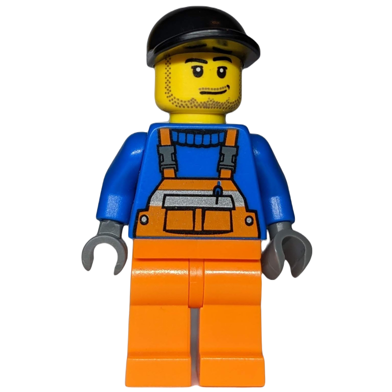 LEGO Ground Crew, Orange Overalls over Blue Sweater, Black Cap, Stubble (fig-009622)