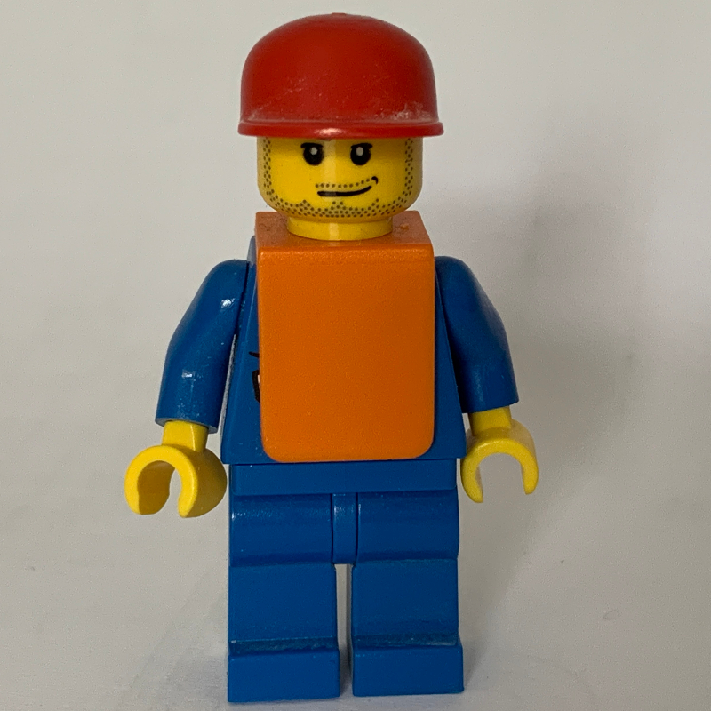 LEGO Ground Crew, Blue Suit with Tie and Plane Logo, Red Cap, Orange Vest, Stubble (fig-009623)