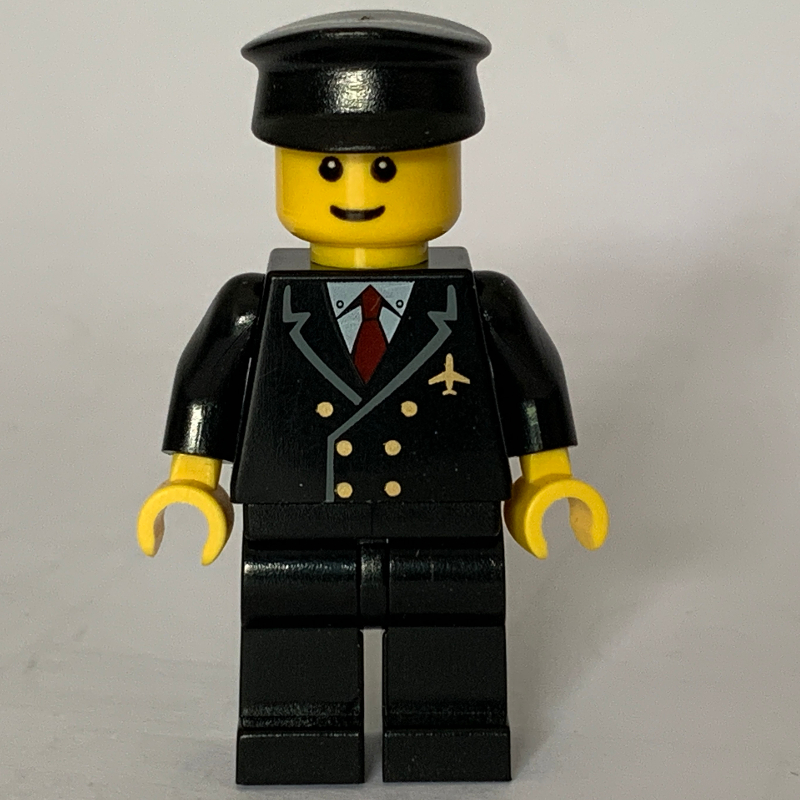 LEGO Pilot, Black Suit with Tie and Airplane Badge, Black Hat, Brown Eyebrows (fig-009624)