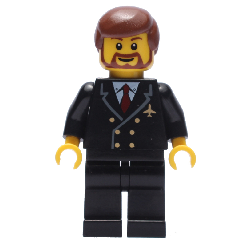 LEGO Pilot, Black Suit with Tie and Airplane Badge, Reddish Brown Hair, Beard (fig-009626)