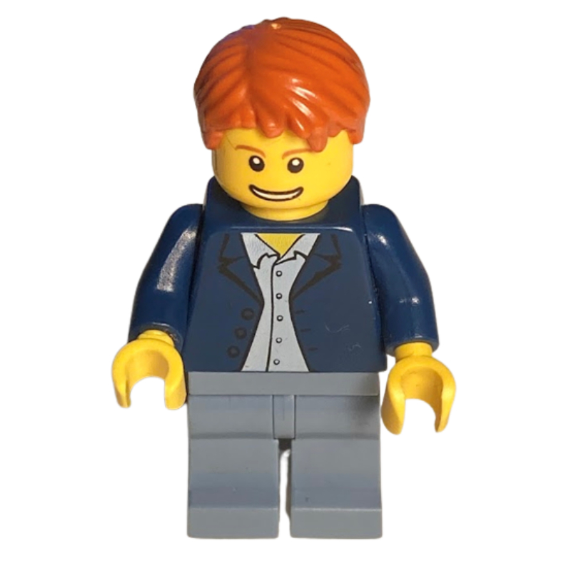 LEGO Man, Open Dark Blue Jacket, Dark Bluish Gray Legs, Dark Orange Hair (fig-009627)