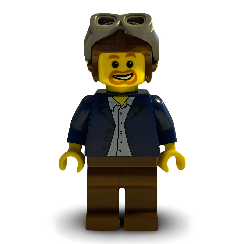 LEGO Man, Open Dark Blue Jacket, Reddish Brown Legs, Helmet and Goggles (fig-009628)