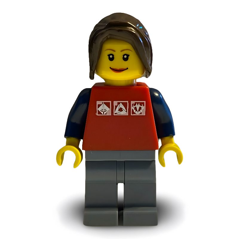 LEGO Woman, Red Top with Dark Blue Arms, Sand Blue Legs, Dark Brown Hair (fig-009629)