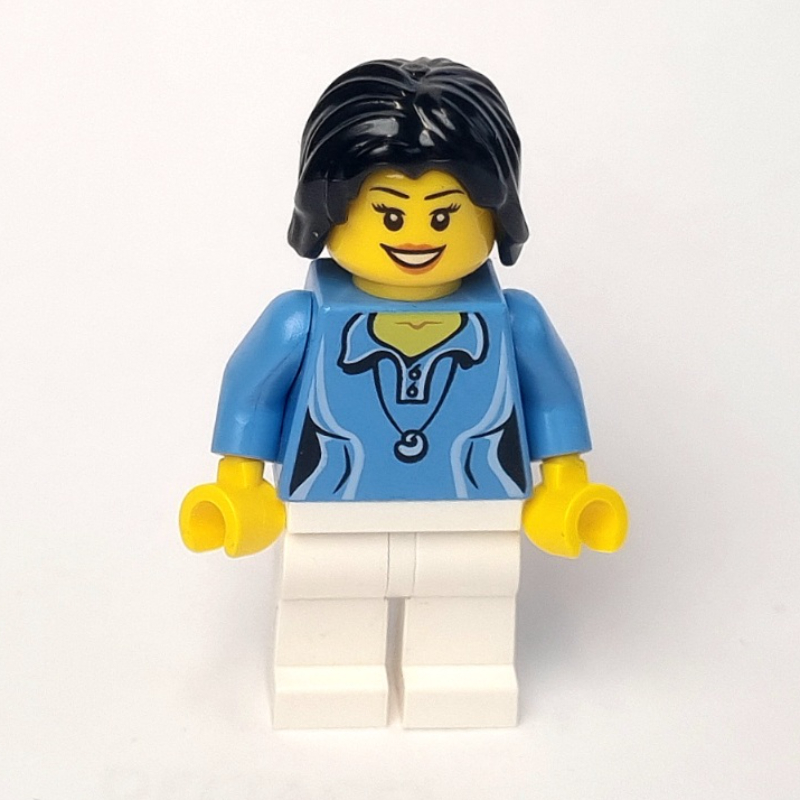 LEGO Woman, Medium Blue Polo Shirt with Necklace, White Legs, Black Hair (fig-009630)