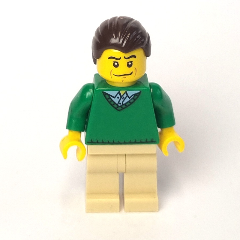 LEGO Man, Green V-Neck Sweater, Tan Legs, Dark Brown Hair (fig-009631)
