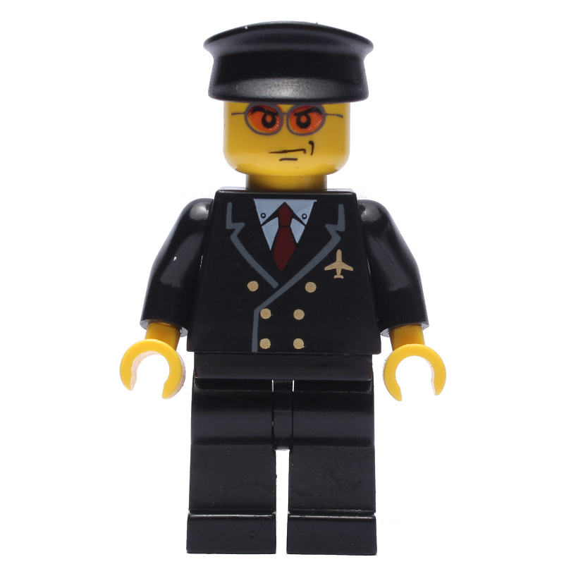 LEGO Pilot, Black Suit with Tie and Airplane Badge, Black Hat, Orange Sunglasses (fig-009632)