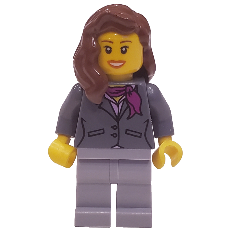 LEGO Woman, Dark Bluish Gray Jacket with Magenta Scarf, Light Bluish Gray Legs, Reddish Brown Hair, Open Mouth (fig-009634)