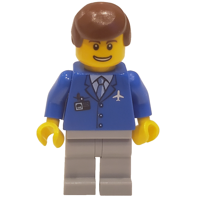 LEGO Airline Worker, Blue Jacket with Tie and Plane Logo, Light Bluish Gray Legs, Reddish Brown Hair (fig-009636)