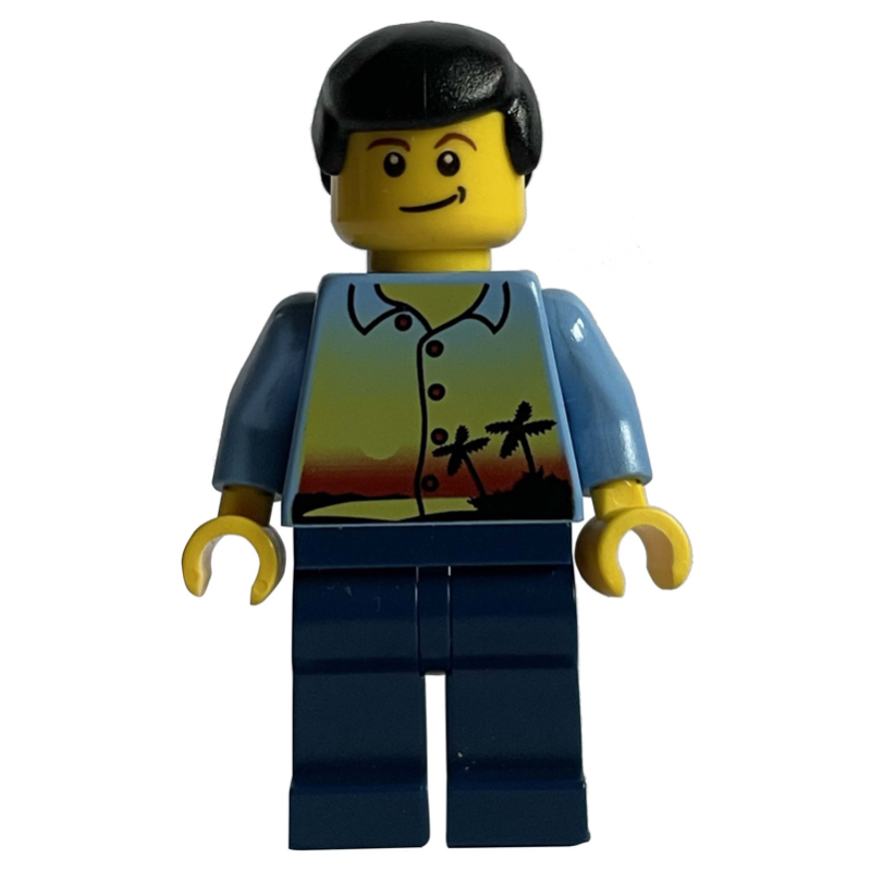 LEGO Man, Medium Blue Shirt with Palm Trees and Sunset, Dark Blue Legs, Black Hair (fig-009637)