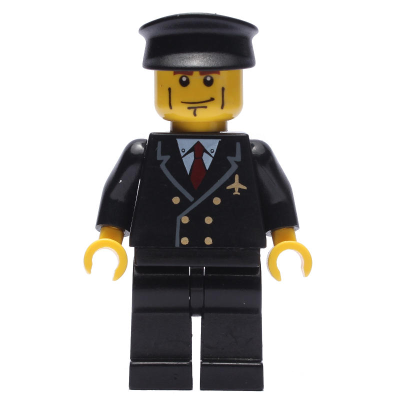 LEGO Pilot, Black Suit with Tie and Airplane Badge, Black Hat, Cheek Lines (fig-009638)