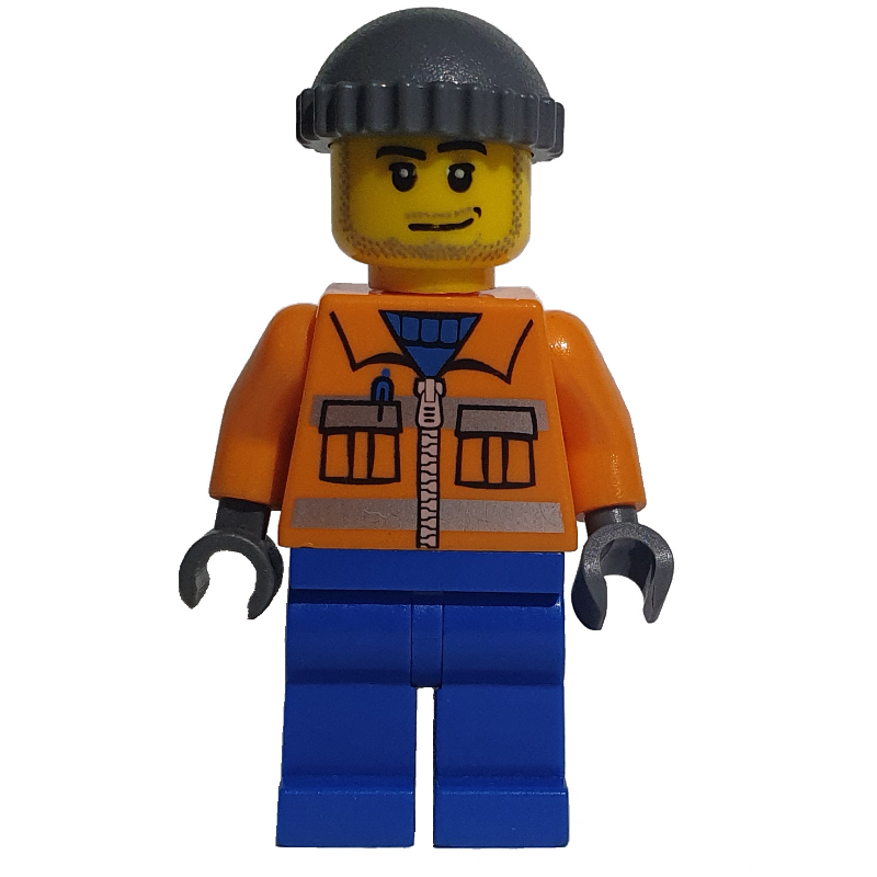 LEGO Ground Crew, Orange Jacket with Zipper and Reflective Stripes, Blue Legs, Dark Bluish Gray Hat, Stubble (fig-009639)
