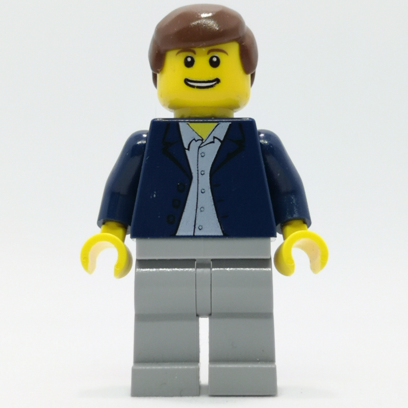LEGO Man, Open Dark Blue Jacket, Light Bluish Gray Legs, Reddish Brown Hair (fig-009640)