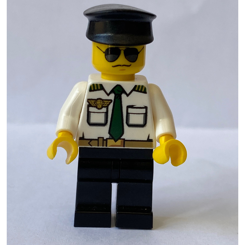 LEGO Pilot, White Shirt with Dark Green Tie and Wing Badge, Black Legs, Black Hat, Sunglasses (fig-009641)