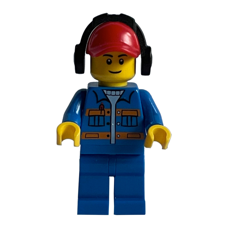LEGO Ground Crew, Blue Jacket with Orange Stripes, Red Cap with Ear Defenders (fig-009642)