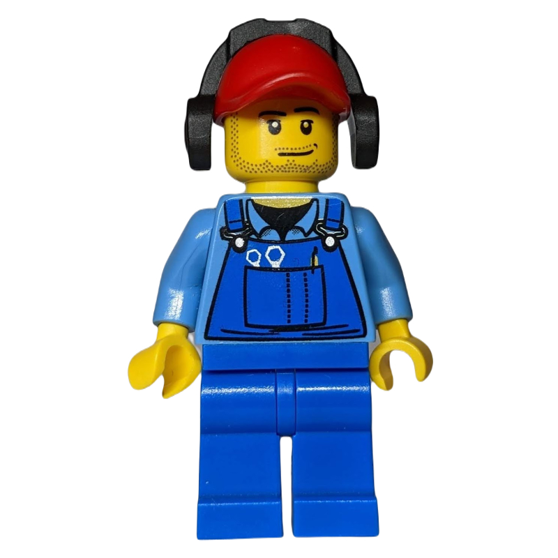 LEGO Ground Crew, Blue Overalls over Shirt, Red Cap with Ear Defenders, Stubble (fig-009643)