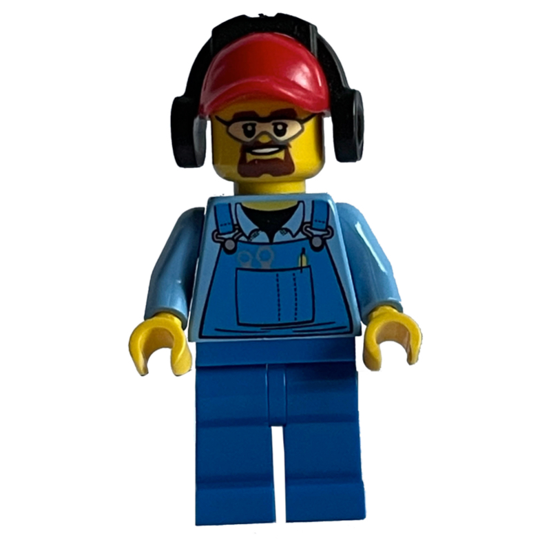 LEGO Ground Crew, Blue Overalls over Shirt, Red Cap with Ear Defenders, Safety Glasses and Goatee Beard (fig-009644)
