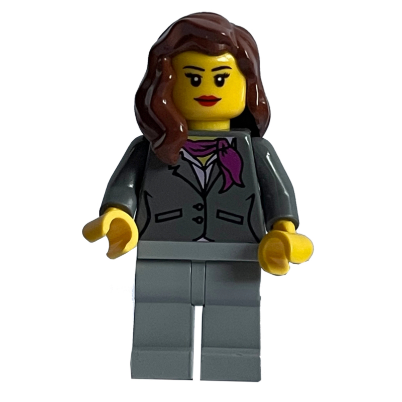 LEGO Woman, Dark Bluish Gray Jacket with Magenta Scarf, Light Bluish Gray Legs, Reddish Brown Hair (fig-009645)