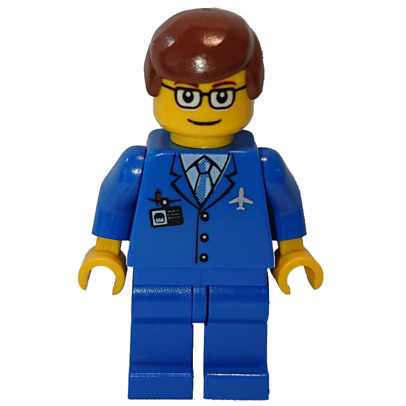 LEGO Airline Worker, Blue Suit with Tie and Plane Logo, Reddish Brown Hair, Glasses (fig-009649)