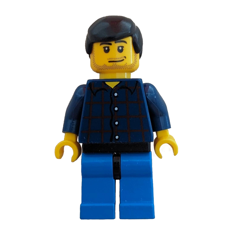 LEGO Man, Dark Blue Plaid Shirt, Blue Legs, Black Hair, Stubble (fig-009650)