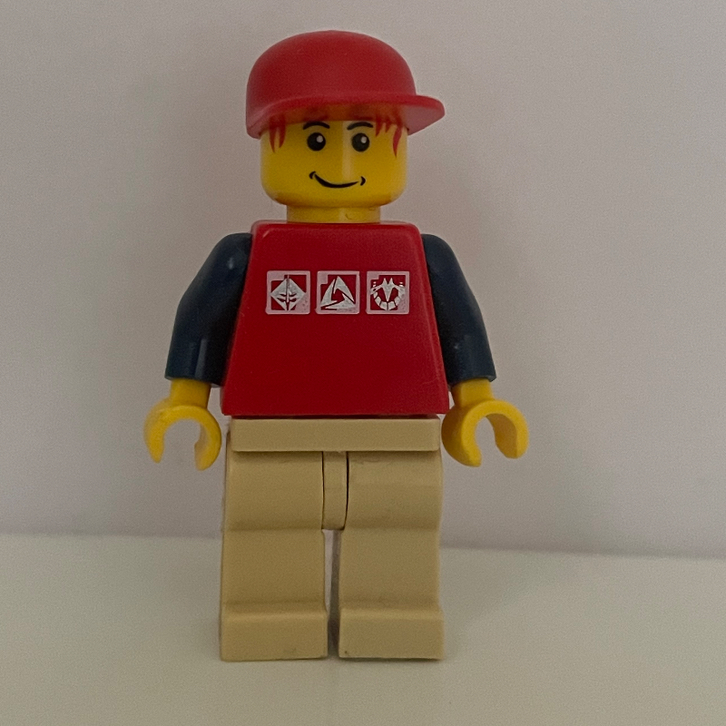 LEGO Man, Red Top with Dark Blue Arms, Tan Legs, Red Cap (fig-009651)