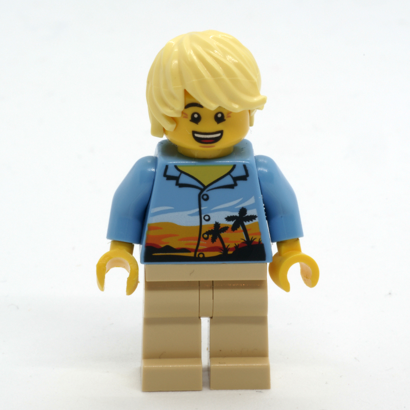 LEGO Man, Medium Blue Shirt with Palm Trees and Sunset, Tan Legs, Bright Light Yellow Hair (fig-009654)