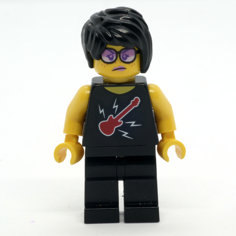 LEGO Woman, Black Top with Guitar, Black Legs, Black Hair (fig-009657)