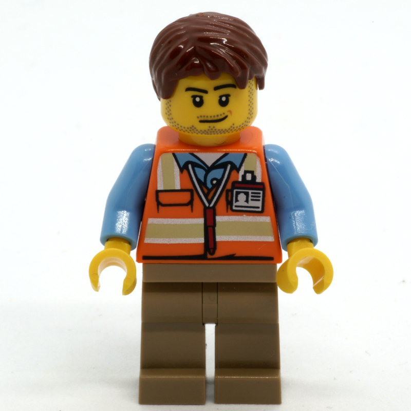 LEGO Ground Crew, Orange Safety Vest, Dark Tan Legs, Reddish Brown Hair (fig-009658)