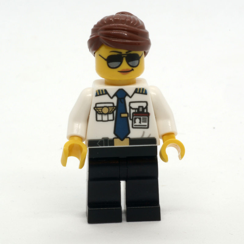 LEGO Pilot, Woman, White Shirt with Tie and Wings Badge, Black Legs, Reddish Brown Hair, Sunglasses (fig-009659)