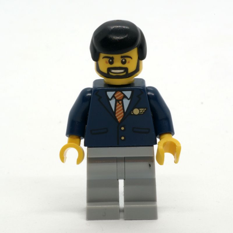 LEGO Pilot, Dark BLue JAcket with Tie and Wings Badge, Light Bluish Gray Legs, Black Hair, Beard (fig-009660)