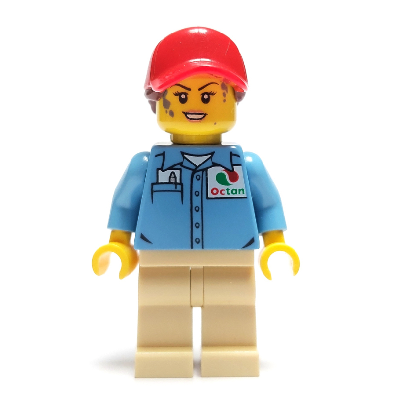 LEGO Ground Crew, Medium Blue Shirt with Octan Logo, Tan Legs, Red Cap with Hair (fig-009661)
