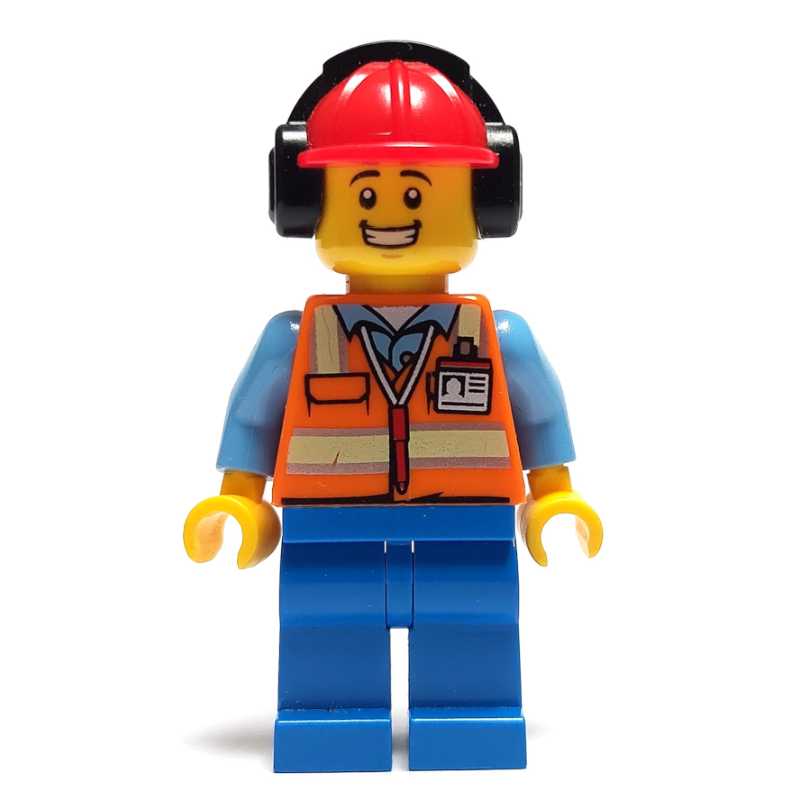 LEGO Ground Crew, Orange Safety Vest, Blue Legs, Red Hard Hat with Ear Defenders (fig-009662)